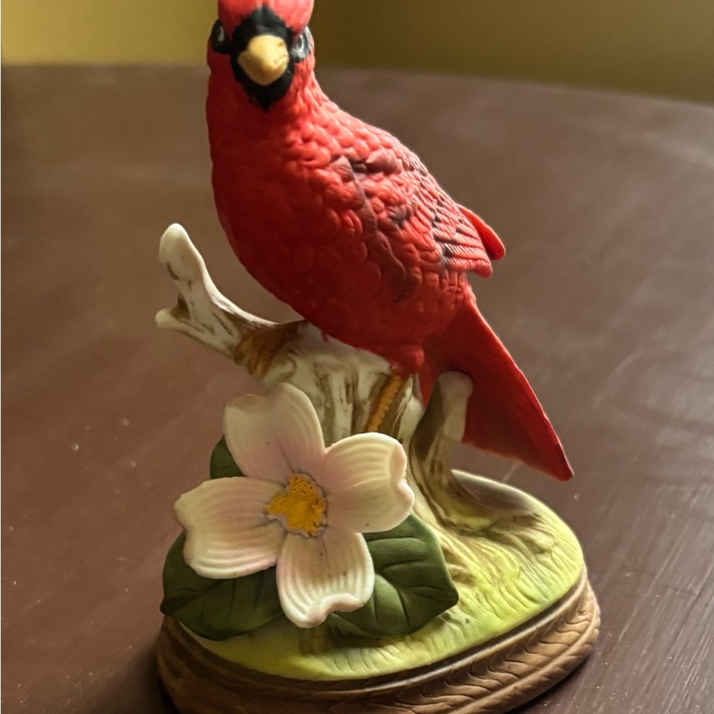 Charming Red Cardinal Ceramic Figurine with White Flower